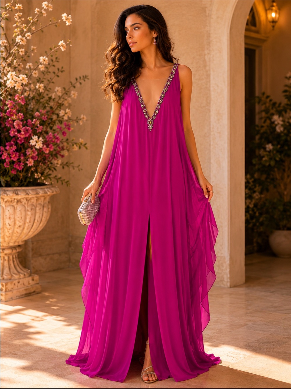 Theia Fuchsia Beaded V-Neck Maxi Gown - Picture 12 of 12